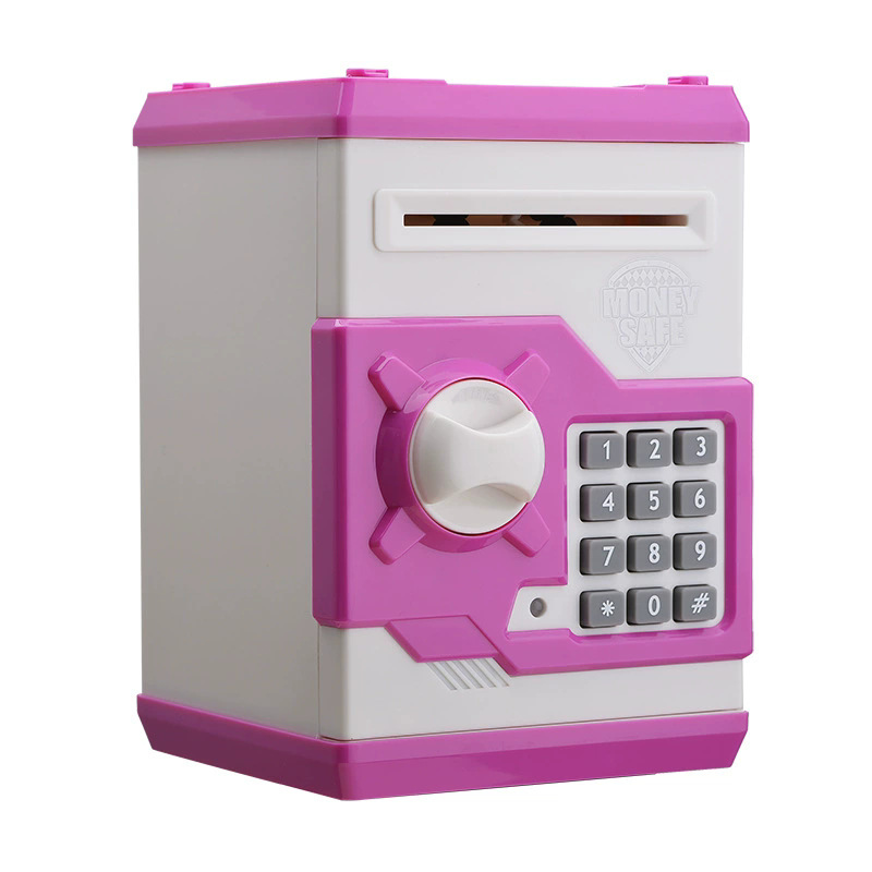 White and Pink Electronic Password Piggy Bank â€” An ATM-style automatic money-rolling safe featuring a digital keypad lock, 4-digit password security, and a coin slot. Powered by three AA batteries (not included), this educational and developmen