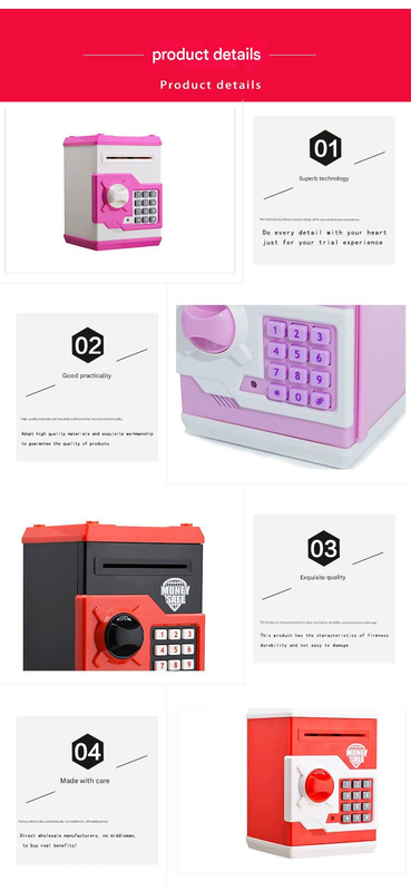 White and Pink Electronic Password Piggy Bank â€” An ATM-style automatic money-rolling safe featuring a digital keypad lock, 4-digit password security, and a coin slot. Powered by three AA batteries (not included), this educational and developmen