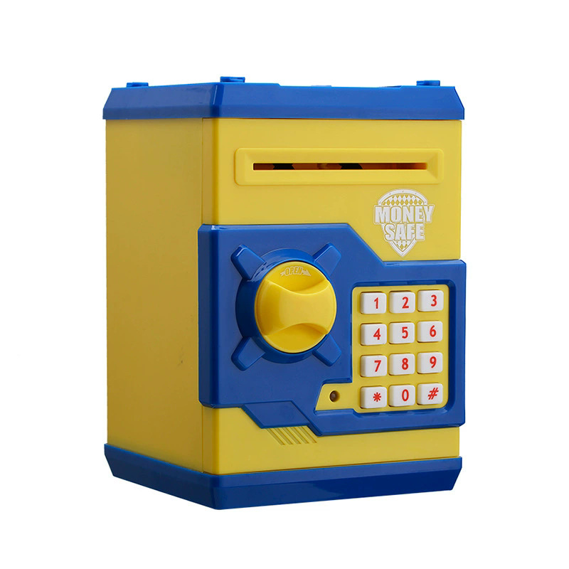 Yellow and Blue Electronic Password Piggy Bank â€” An ATM-style automatic money-rolling safe featuring a digital keypad lock, 4-digit password security, and a coin slot. Powered by three AA batteries (not included), this educational and developme