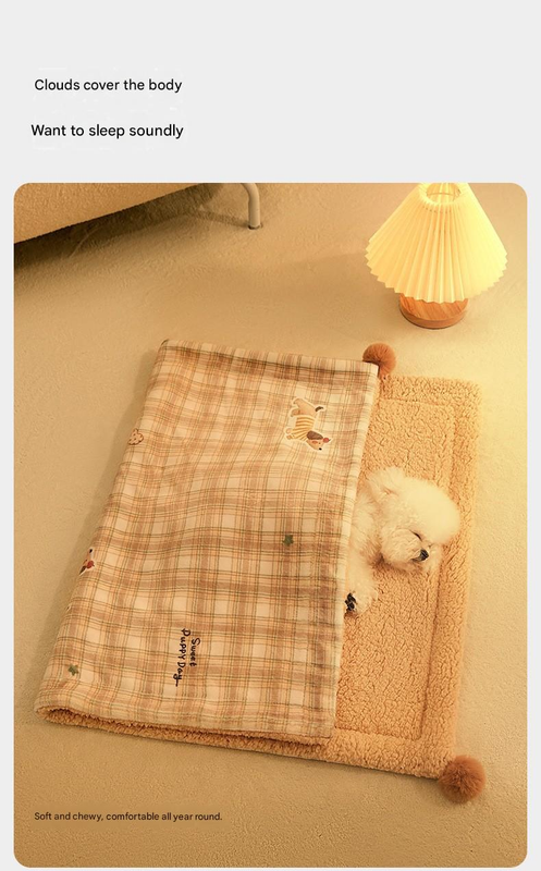 S size 2-Piece Plaid Apple Pet Blanket and Pillow Set - Soft Cotton Plush Sleeping Mat for Dogs and Cats, All-Season Reversible Cushion Bed with Cute Bear Pillow, Machine Washable Pet Bed Accessories