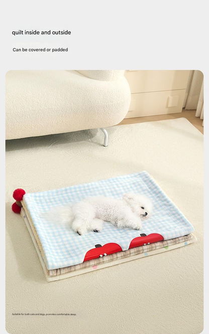 S size 2-Piece Plaid Apple Pet Blanket and Pillow Set - Soft Cotton Plush Sleeping Mat for Dogs and Cats, All-Season Reversible Cushion Bed with Cute Bear Pillow, Machine Washable Pet Bed Accessories