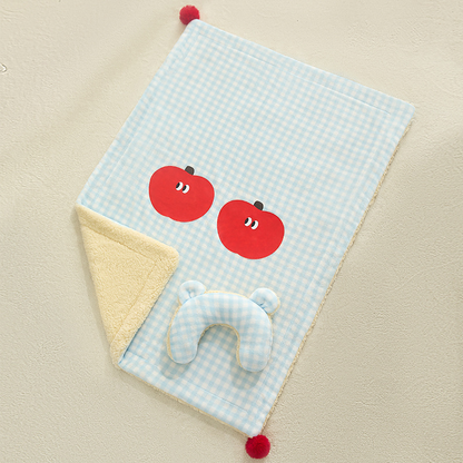 M size 2-Piece Plaid Apple Pet Blanket and Pillow Set - Soft Cotton Plush Sleeping Mat for Dogs and Cats, All-Season Reversible Cushion Bed with Cute Bear Pillow, Machine Washable Pet Bed Accessories