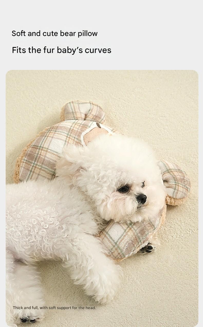 M size 2-Piece Plaid Apple Pet Blanket and Pillow Set - Soft Cotton Plush Sleeping Mat for Dogs and Cats, All-Season Reversible Cushion Bed with Cute Bear Pillow, Machine Washable Pet Bed Accessories