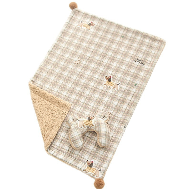 L size 2-Piece Plaid Puppy Pet Blanket and Pillow Set - Soft Cotton Plush Sleeping Mat for Dogs and Cats, All-Season Reversible Cushion Bed with Cute Bear Pillow, Machine Washable Pet Bed Accessories
