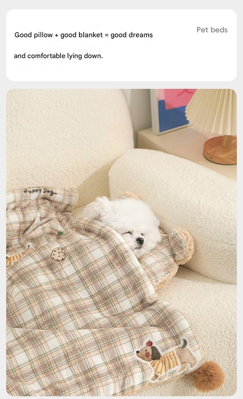 L size 2-Piece Plaid Puppy Pet Blanket and Pillow Set - Soft Cotton Plush Sleeping Mat for Dogs and Cats, All-Season Reversible Cushion Bed with Cute Bear Pillow, Machine Washable Pet Bed Accessories