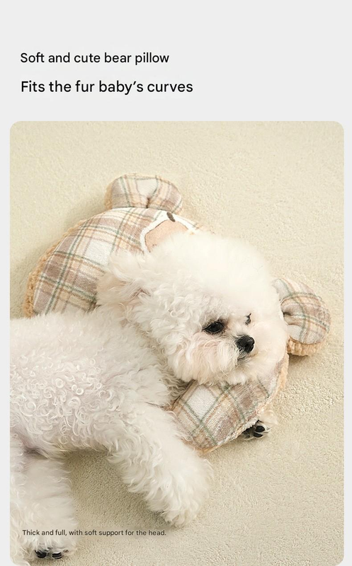 L size 2-Piece Plaid Puppy Pet Blanket and Pillow Set - Soft Cotton Plush Sleeping Mat for Dogs and Cats, All-Season Reversible Cushion Bed with Cute Bear Pillow, Machine Washable Pet Bed Accessories