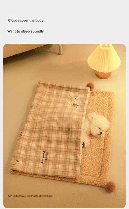 L size 2-Piece Plaid Puppy Pet Blanket and Pillow Set - Soft Cotton Plush Sleeping Mat for Dogs and Cats, All-Season Reversible Cushion Bed with Cute Bear Pillow, Machine Washable Pet Bed Accessories