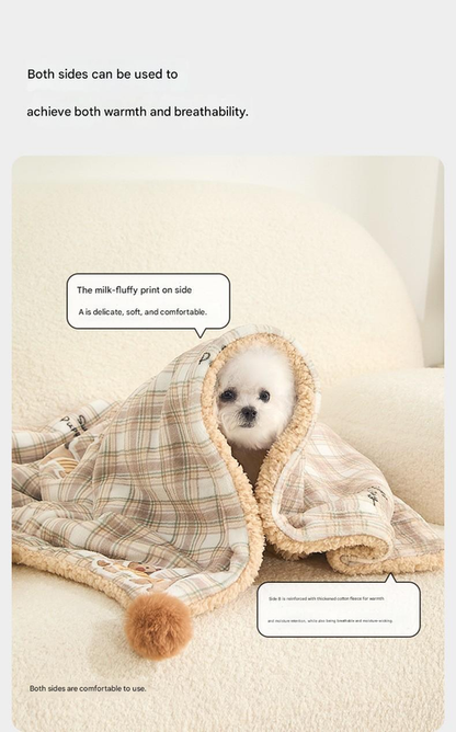 L size 2-Piece Plaid Puppy Pet Blanket and Pillow Set - Soft Cotton Plush Sleeping Mat for Dogs and Cats, All-Season Reversible Cushion Bed with Cute Bear Pillow, Machine Washable Pet Bed Accessories