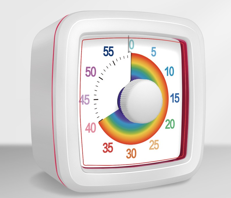 White Visual timer for kitchen â€“ a 60-minute rainbow countdown timer, silent operation, suitable for cooking, studying, and everyday tasks. Battery powered (batteries not included), made of ABS plastic