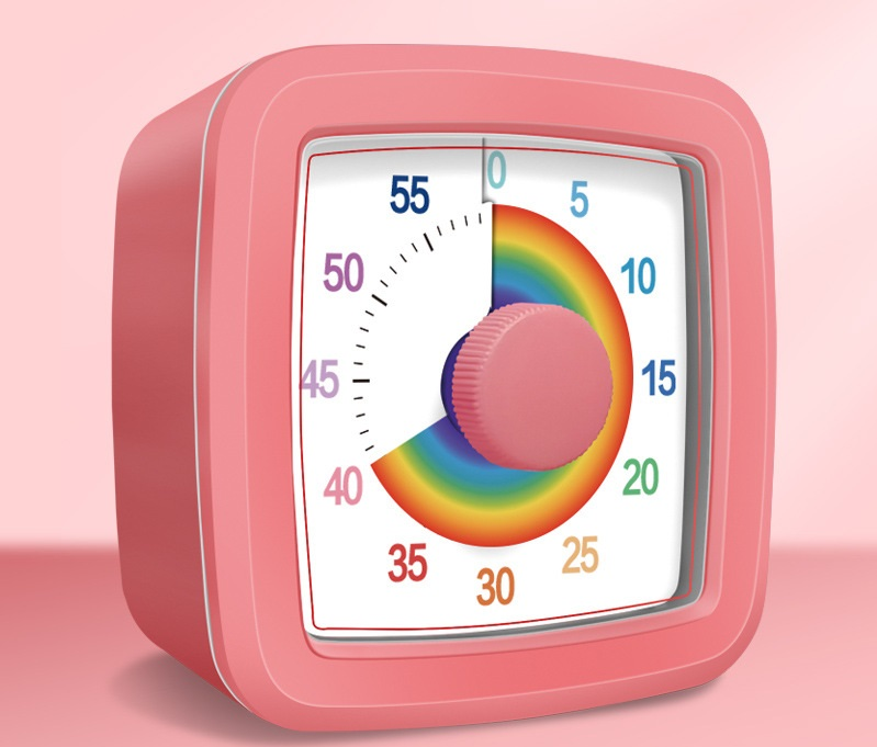 Pink Visual timer for  kitchen â€“ a 60-minute rainbow countdown timer, silent operation, suitable for cooking, studying, and everyday tasks. Battery powered (batteries not included), made of ABS plastic