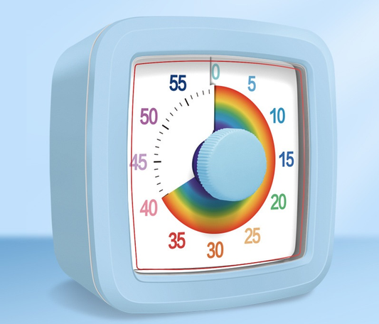 Blue Visual timer for kitchen â€“ a 60-minute rainbow countdown timer, silent operation, suitable for cooking, studying, and everyday tasks. Battery powered (batteries not included), made of ABS plastic