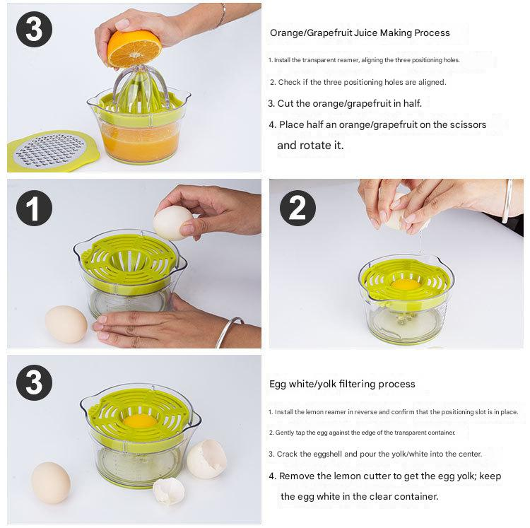 4-in-1 Manual Citrus Juicer with Grater and Egg Separator -Free Multi-Function Hand Press Lemon Orange Squeezer - Kitchen Gadget for Fresh Juice, Zest, and Cooking Prep