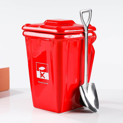Red  Creative Trash Can Ceramic Mug with Shovel Spoon - 400ml Funny Garbage Bin Coffee Cup with Lid - Novelty Gag Gift for Birthday Christmas - Quirky Kitchen Cup for Home Office