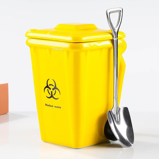 Yellow  Creative Trash Can Ceramic Mug with Shovel Spoon - 400ml Funny Garbage Bin Coffee Cup with Lid - Novelty Gag Gift for Birthday Christmas - Quirky Kitchen Cup for Home Office
