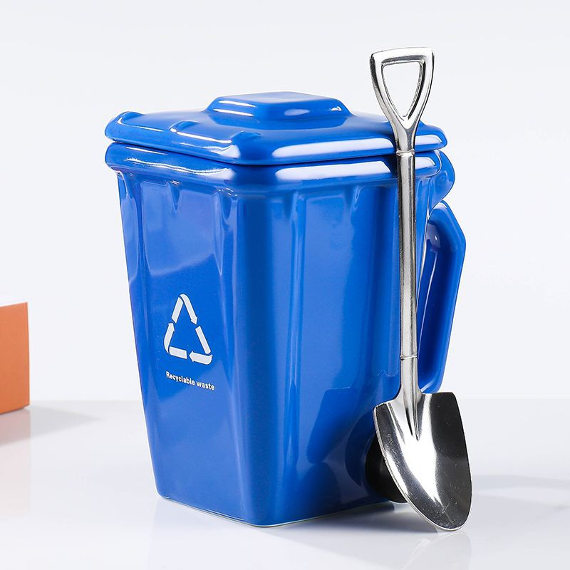Blue  Creative Trash Can Ceramic Mug with Shovel Spoon - 400ml Funny Garbage Bin Coffee Cup with Lid - Novelty Gag Gift for Birthday Christmas - Quirky Kitchen Cup for Home Office