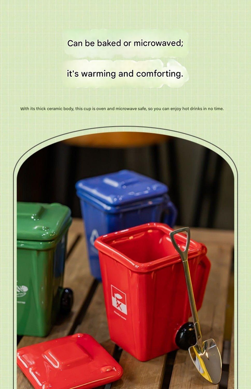 5-piece cup Creative Trash Can Ceramic Mug with Shovel Spoon - 400ml Funny Garbage Bin Coffee Cup with Lid - Novelty Gag Gift for Birthday Christmas - Quirky Kitchen Cup for Home Officeã€Green+Red+Blue+Yellow+Greyã€‘