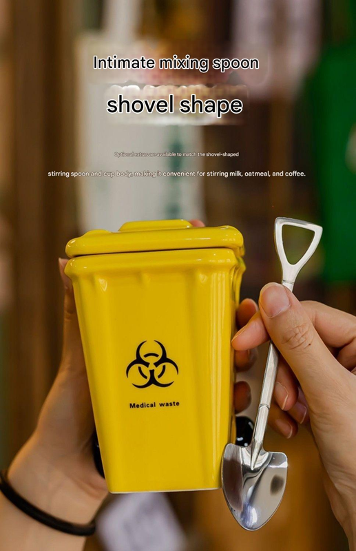 5-piece cup Creative Trash Can Ceramic Mug with Shovel Spoon - 400ml Funny Garbage Bin Coffee Cup with Lid - Novelty Gag Gift for Birthday Christmas - Quirky Kitchen Cup for Home Officeã€Green+Red+Blue+Yellow+Greyã€‘