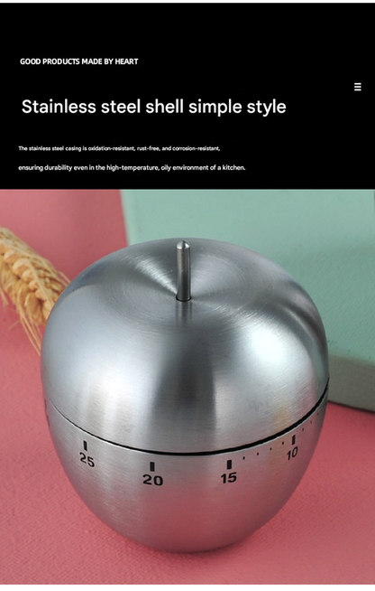 Apple Shape Stainless Steel Kitchen Timer Mechanical Cooking Timer -  Wind-Up 60 Minute Countdown Timer - Loud Ring 72dB Baking Tool with Non-Slip Base - Battery-Free Analog Timer for Home Office