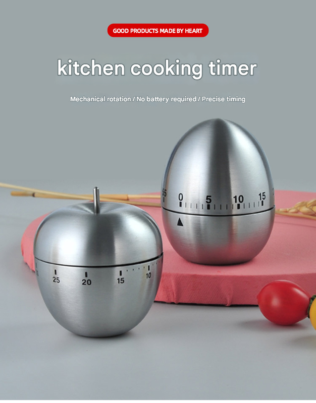 2-piece Apple and Egg Shape Stainless Steel Kitchen Timer Mechanical Cooking Timer -  Wind-Up 60 Minute Countdown Timer - Loud Ring 72dB Baking Tool with Non-Slip Base - Battery-Free Analog Timer for Home Office