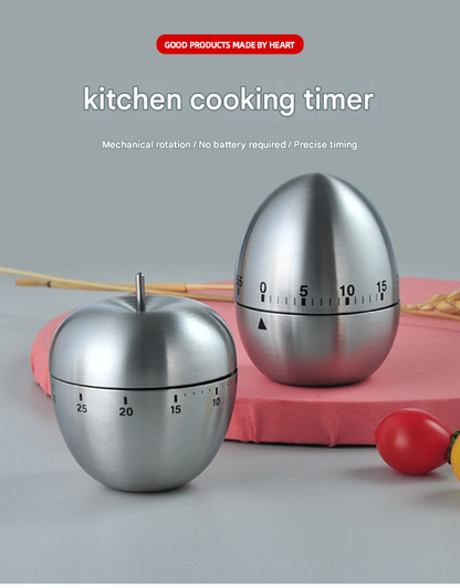 2-piece Apple and Egg Shape Stainless Steel Kitchen Timer Mechanical Cooking Timer -  Wind-Up 60 Minute Countdown Timer - Loud Ring 72dB Baking Tool with Non-Slip Base - Battery-Free Analog Timer for Home Office