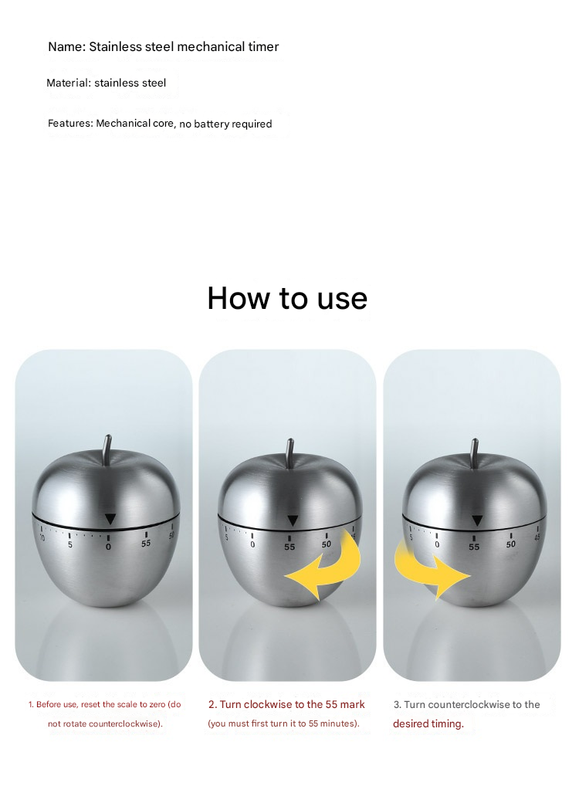 2-piece Apple and Egg Shape Stainless Steel Kitchen Timer Mechanical Cooking Timer -  Wind-Up 60 Minute Countdown Timer - Loud Ring 72dB Baking Tool with Non-Slip Base - Battery-Free Analog Timer for Home Office
