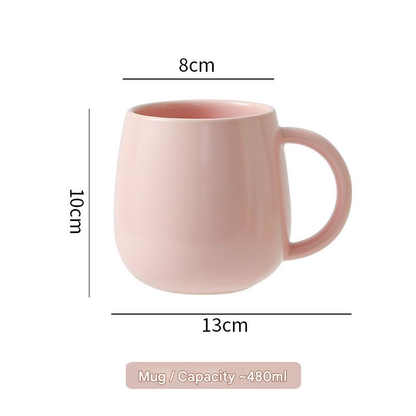Pink Premium Macaron Ceramic Coffee Mug Set - 500ml Large Capacity Belly Cup with Underglaze Finish, Minimalist Nordic Style Porcelain Mug for Coffee, Tea, Milk and Oatmeal