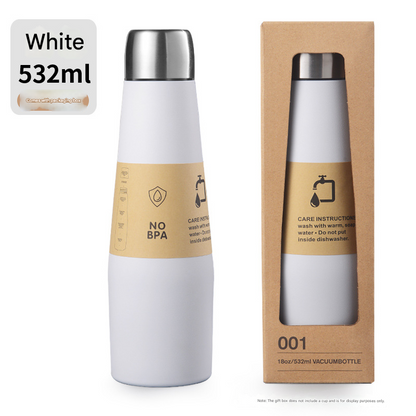 White Premium 304 Stainless Steel Vacuum Insulated Water Bottle - 532ml Large Capacity Sports Flask with 12-24 Hour Thermal Retention, Leak-Proof Portable Travel Mug for Gym, Office, Car and Outdoor Activities