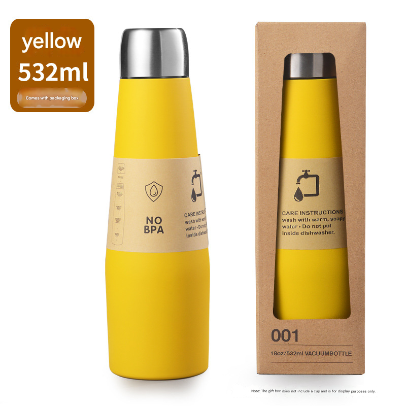 Yellow Premium 304 Stainless Steel Vacuum Insulated Water Bottle - 532ml Large Capacity Sports Flask with 12-24 Hour Thermal Retention, Leak-Proof Portable Travel Mug for Gym, Office, Car and Outdoor Activities