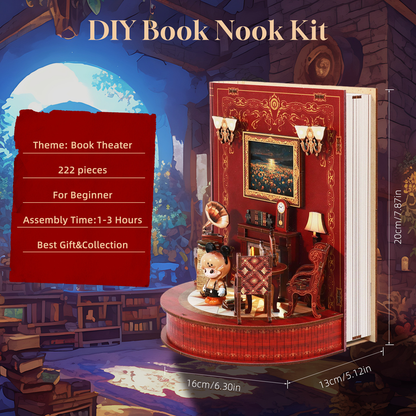 DIY Book Nook Kit Book Theater 3D Wooden Puzzle Miniature Dollhouse Bookshelf Insert with LED Light, 222 Pieces Bookend Decor for Adults Teens, Creative Gift for Book Lovers