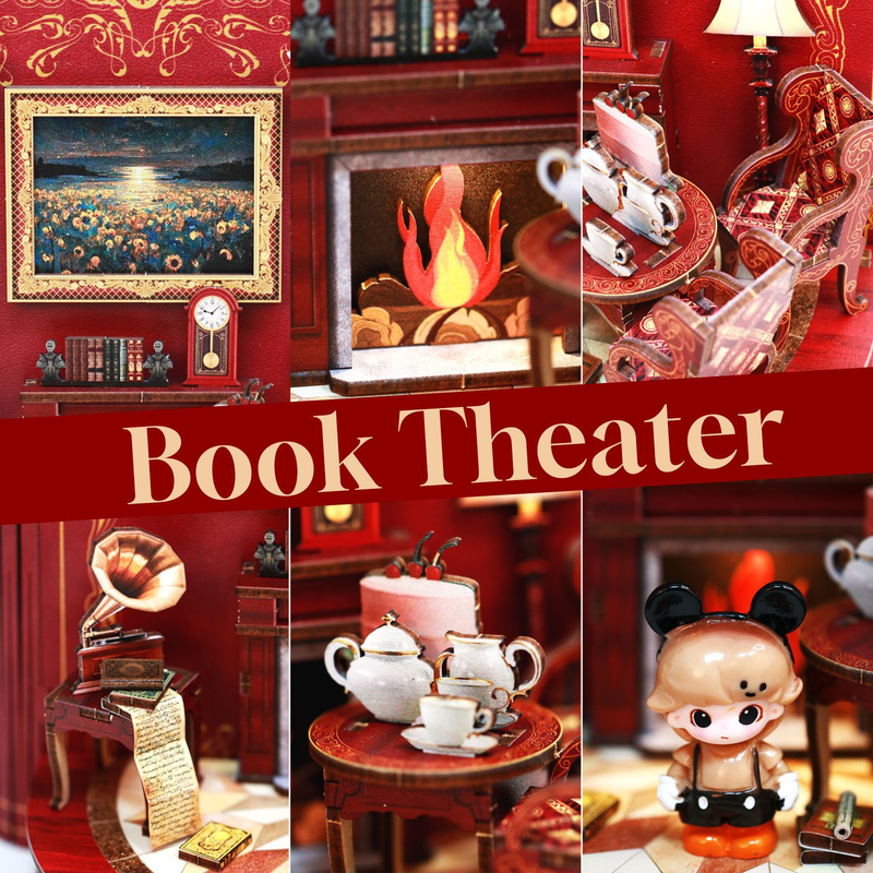 DIY Book Nook Kit Book Theater 3D Wooden Puzzle Miniature Dollhouse Bookshelf Insert with LED Light, 222 Pieces Bookend Decor for Adults Teens, Creative Gift for Book Lovers