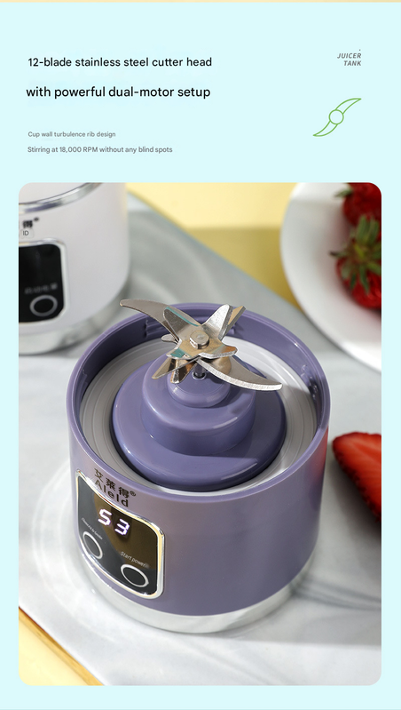 2-piece White and Purple 7.4V Portable Blender Smoothie Maker 450ml Wireless Rechargeable Juicer Cup with 12-Blade Stainless Steel Cutter, LED Digital Display, USB Charging Personal Blender for Travel Gym Office Home