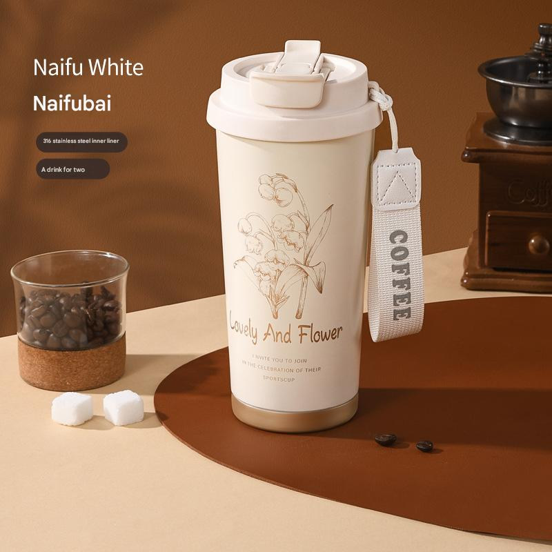 White 316 Stainless Steel Insulated Coffee Tumbler 500ml  with Dual-Use Lid, Lily of the Valley Design, Leak-Proof Sip and Straw, BPA-Free Thermal Cup for Hot Cold Beverages