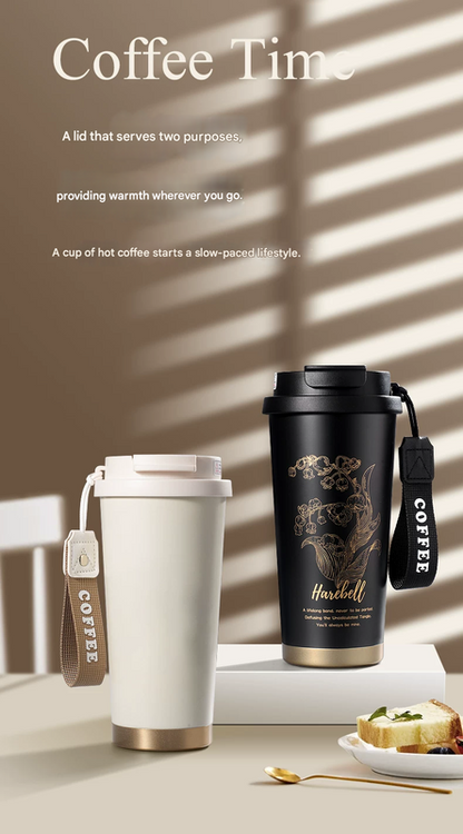 White 316 Stainless Steel Insulated Coffee Tumbler 500ml  with Dual-Use Lid, Lily of the Valley Design, Leak-Proof Sip and Straw, BPA-Free Thermal Cup for Hot Cold Beverages