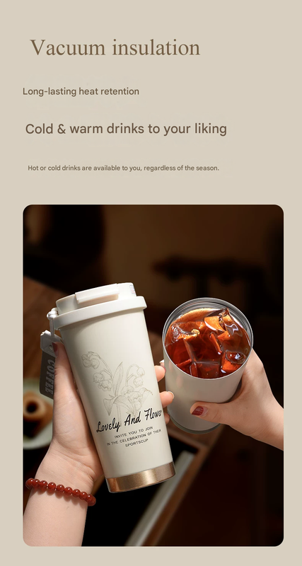 White 316 Stainless Steel Insulated Coffee Tumbler 500ml  with Dual-Use Lid, Lily of the Valley Design, Leak-Proof Sip and Straw, BPA-Free Thermal Cup for Hot Cold Beverages