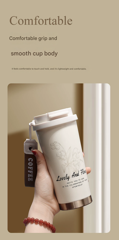 White 316 Stainless Steel Insulated Coffee Tumbler 500ml  with Dual-Use Lid, Lily of the Valley Design, Leak-Proof Sip and Straw, BPA-Free Thermal Cup for Hot Cold Beverages