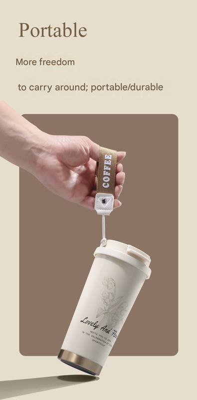 White 316 Stainless Steel Insulated Coffee Tumbler 500ml  with Dual-Use Lid, Lily of the Valley Design, Leak-Proof Sip and Straw, BPA-Free Thermal Cup for Hot Cold Beverages