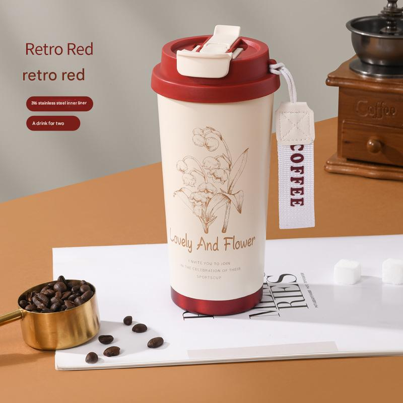 Red 316 Stainless Steel Insulated Coffee Tumbler 500ml  with Dual-Use Lid, Lily of the Valley Design, Leak-Proof Sip and Straw, BPA-Free Thermal Cup for Hot Cold Beverages