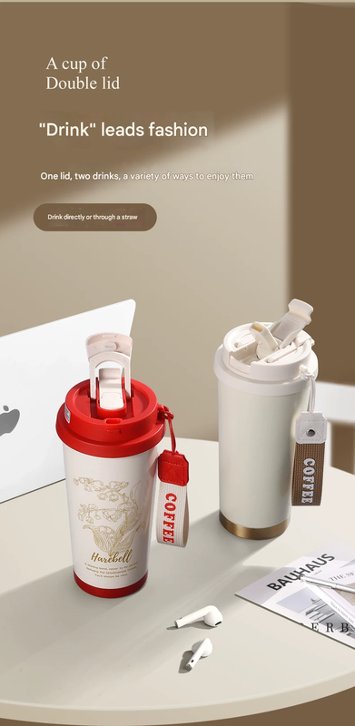 Red 316 Stainless Steel Insulated Coffee Tumbler 500ml  with Dual-Use Lid, Lily of the Valley Design, Leak-Proof Sip and Straw, BPA-Free Thermal Cup for Hot Cold Beverages