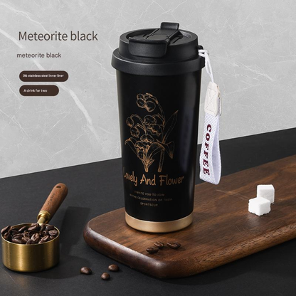 Black 316 Stainless Steel Insulated Coffee Tumbler 500ml  with Dual-Use Lid, Lily of the Valley Design, Leak-Proof Sip and Straw, BPA-Free Thermal Cup for Hot Cold Beverages