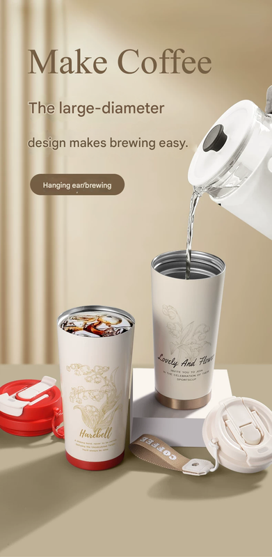 Black 316 Stainless Steel Insulated Coffee Tumbler 500ml  with Dual-Use Lid, Lily of the Valley Design, Leak-Proof Sip and Straw, BPA-Free Thermal Cup for Hot Cold Beverages