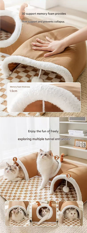 Brown  M size Cat Tunnel Bed House 4-Season Universal Removable Washable U-Shaped Cat Cave with Multi-Entrance, Plush Hideaway Pet Nest with Detachable Mat for Indoor Cats, Non-Slip Bottom, Multi-Cat Friendly