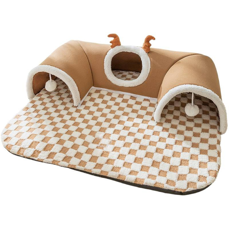 Brown  L size Cat Tunnel Bed House 4-Season Universal Removable Washable U-Shaped Cat Cave with Multi-Entrance, Plush Hideaway Pet Nest with Detachable Mat for Indoor Cats, Non-Slip Bottom, Multi-Cat Friendly