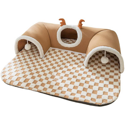 Brown  L size Cat Tunnel Bed House 4-Season Universal Removable Washable U-Shaped Cat Cave with Multi-Entrance, Plush Hideaway Pet Nest with Detachable Mat for Indoor Cats, Non-Slip Bottom, Multi-Cat Friendly