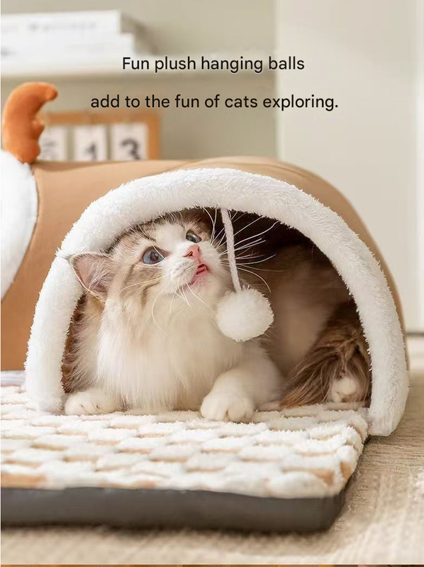 Brown XL size Cat Tunnel Bed House 4-Season Universal Removable Washable U-Shaped Cat Cave with Multi-Entrance, Plush Hideaway Pet Nest with Detachable Mat for Indoor Cats, Non-Slip Bottom, Multi-Cat Friendly