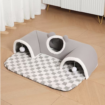 Grey M size Cat Tunnel Bed House 4-Season Universal Removable Washable U-Shaped Cat Cave with Multi-Entrance, Plush Hideaway Pet Nest with Detachable Mat for Indoor Cats, Non-Slip Bottom, Multi-Cat Friendly