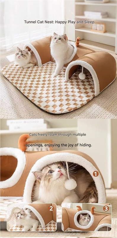 Grey M size Cat Tunnel Bed House 4-Season Universal Removable Washable U-Shaped Cat Cave with Multi-Entrance, Plush Hideaway Pet Nest with Detachable Mat for Indoor Cats, Non-Slip Bottom, Multi-Cat Friendly