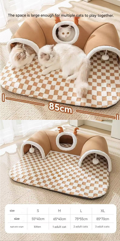 Grey M size Cat Tunnel Bed House 4-Season Universal Removable Washable U-Shaped Cat Cave with Multi-Entrance, Plush Hideaway Pet Nest with Detachable Mat for Indoor Cats, Non-Slip Bottom, Multi-Cat Friendly