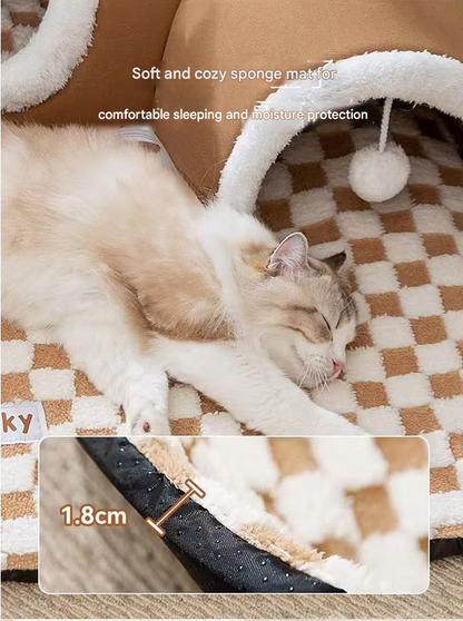 Grey L size Cat Tunnel Bed House 4-Season Universal Removable Washable U-Shaped Cat Cave with Multi-Entrance, Plush Hideaway Pet Nest with Detachable Mat for Indoor Cats, Non-Slip Bottom, Multi-Cat Friendly
