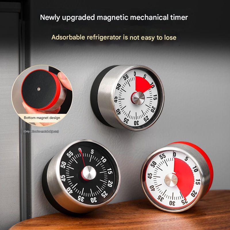 White Stainless Steel Magnetic Kitchen Timer - 60 Minute Mechanical Countdown Timer with Loud Alarm, No Battery Required - Perfect for Cooking, Baking, Study & Time Management