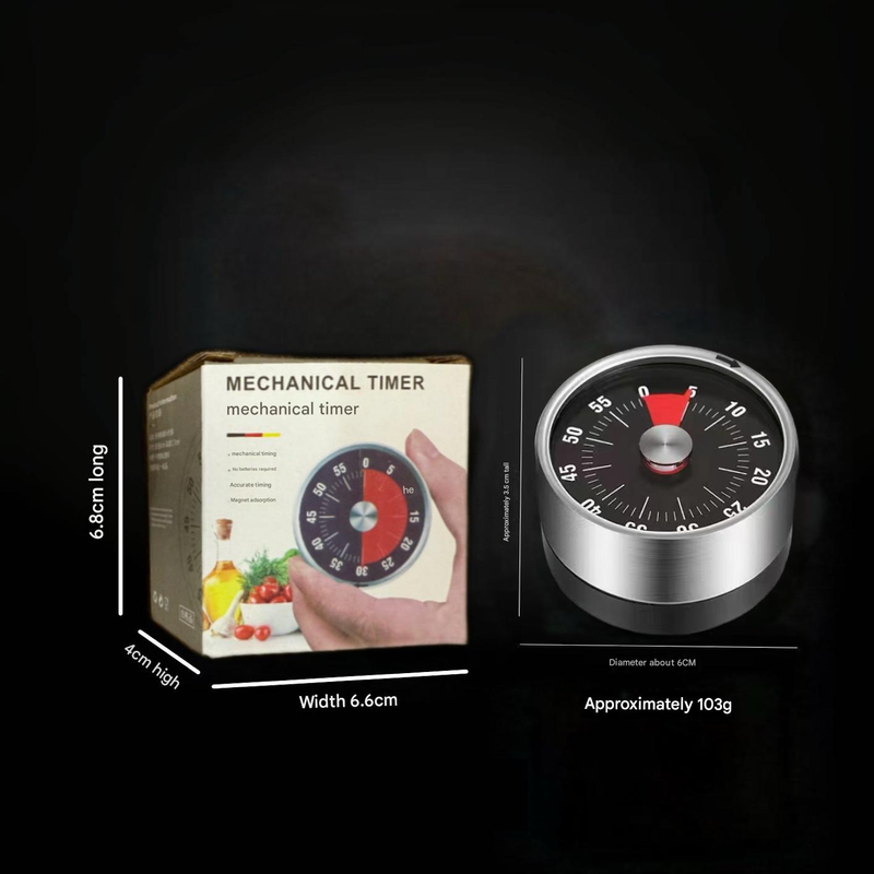 Black Stainless Steel Magnetic Kitchen Timer - 60 Minute Mechanical Countdown Timer with Loud Alarm, No Battery Required - Perfect for Cooking, Baking, Study & Time Management